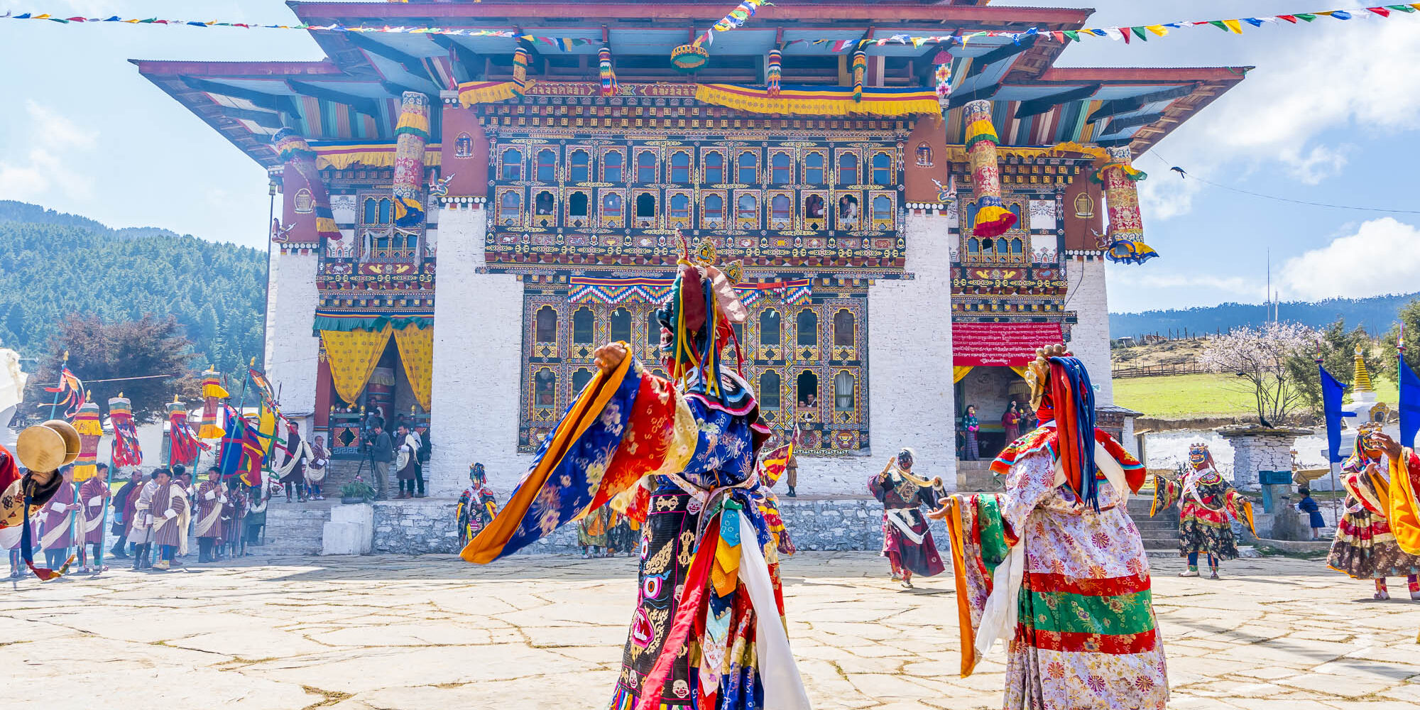 Colorful Bhutan festival with dragon masks