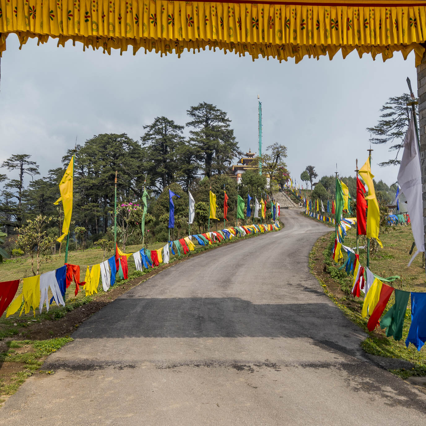 Long road in Bhutan leading to a temple