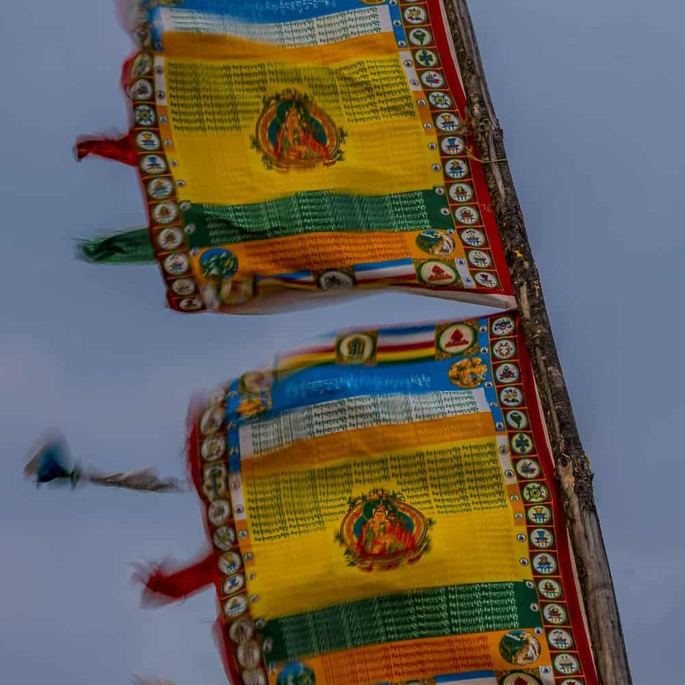 Buddhist prayer flags flying high in Bhutan