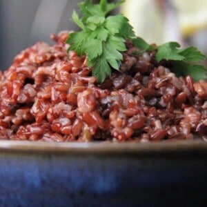 Red rice served with many dishes in Bhutan